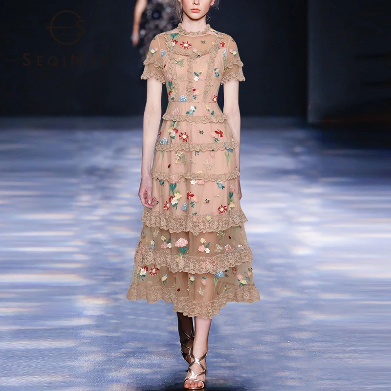 

SEQINYY Elegant Midi Dress 2020 Summer Spring New Fashion Design Women Short Sleeve Lace Flowers Embroidery Short Sleeve Mesh