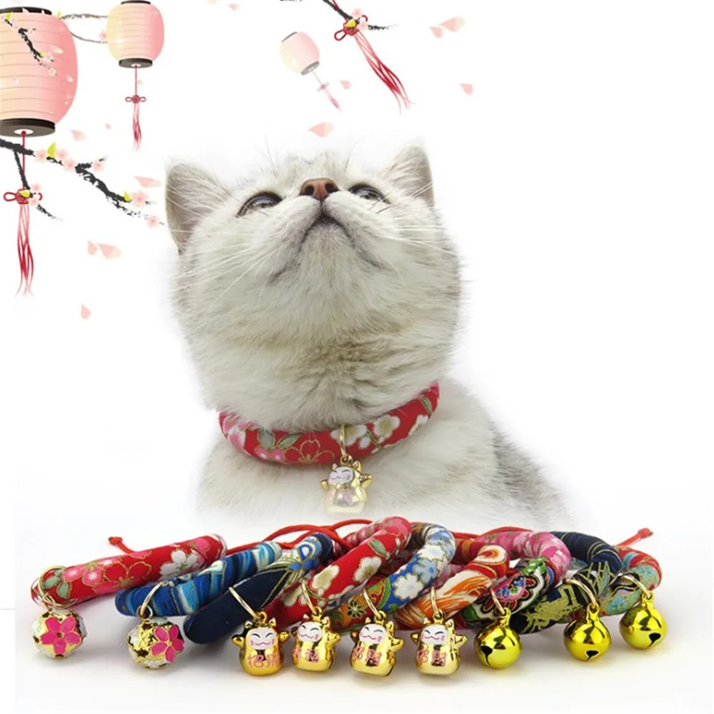 Adjustable Dog Cat Collar Japanese Style Handmade Printed Necktie Necklace With Bell for Puppy Kitten Pet Cat Accessories Adjustable Dog Cat Collar Japanese Style Handmade Printed Necktie Necklace With Bell for Puppy Kitten Pet Cat Accessories