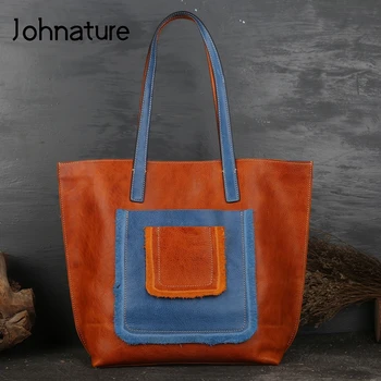 

Johnature 2020 New Retro Women Handbag First Layer Cow Leather Shoulder Bags Leisure Solid Color Large Capacity Female Bag