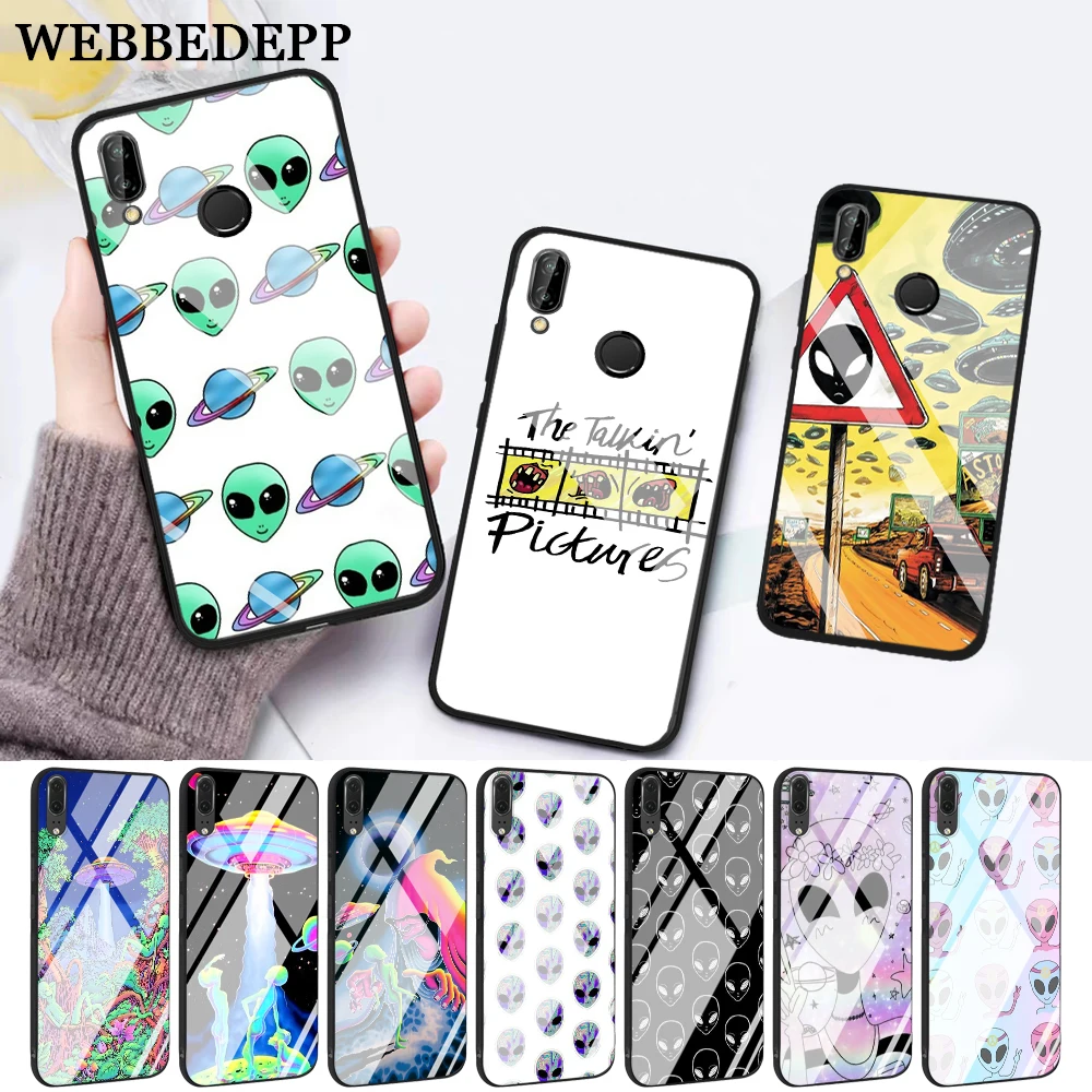 

WEBBEDEPP UFO ET cute Emoji Glass Case for Huawei P10 lite P20 Pro P30 P Smart honor 7A 8X 9 10 Y6 Mate 20