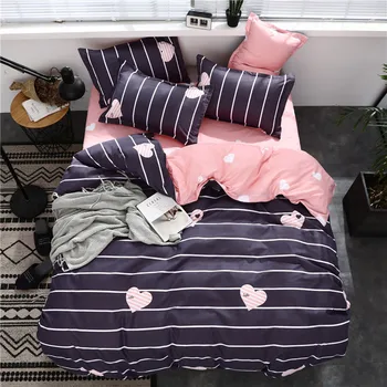 

Pink Heart Printed Bed Cover Set Lovers Stripe Duvet Cover Adult Child Bed Sheets And Pillowcases Comforter Bedding Set 61037