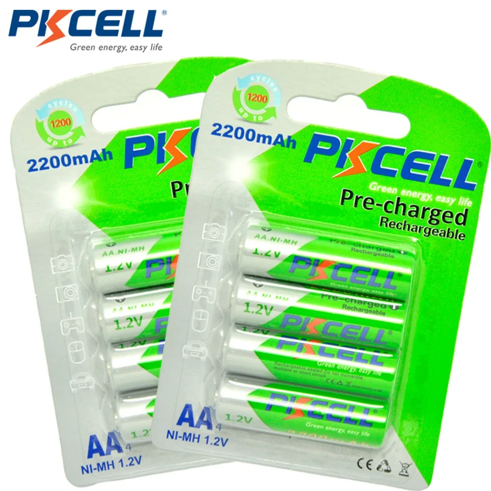 8pcs/2card PKCELL AA Rechargeable Battery AA NiMH 1.2V 2200mAh Ni-MH 2A Pre-charged Bateria low self discharge aa Batteries