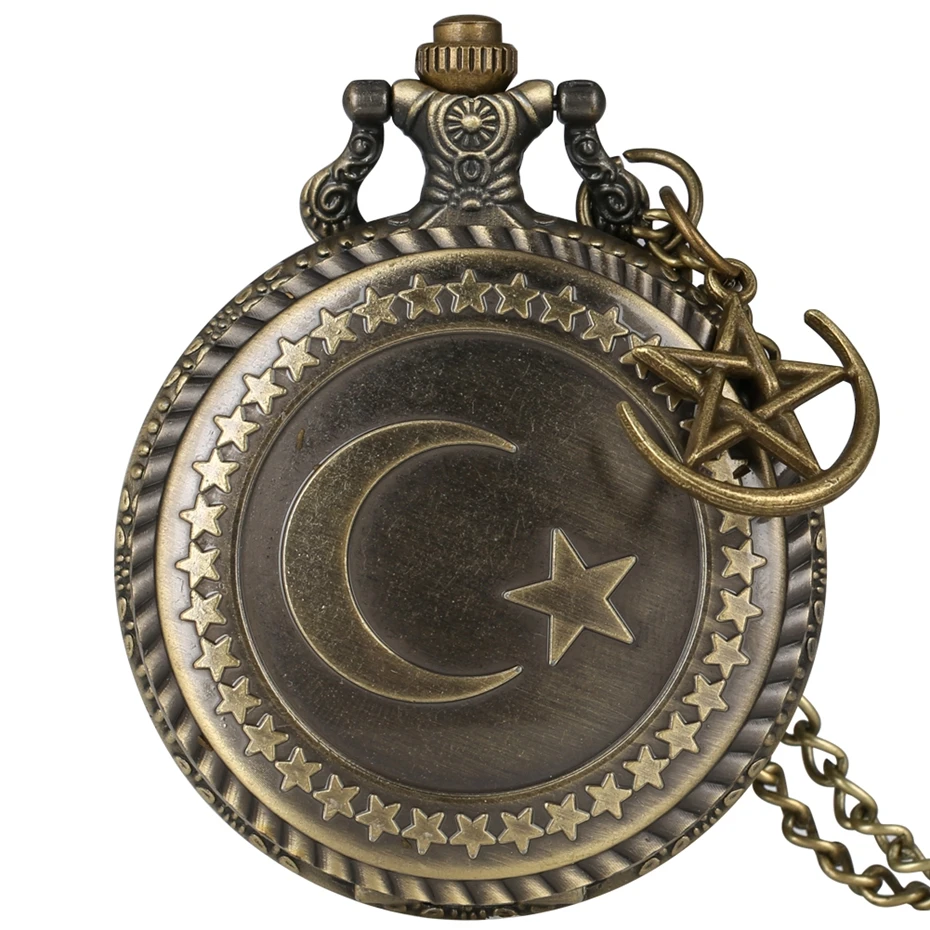 Retro Bronze Turkey Flag Design Moon Star Circle Quartz Antique Pocket Watch Punk Necklace Pendant for Men Women with Accessory images - 6