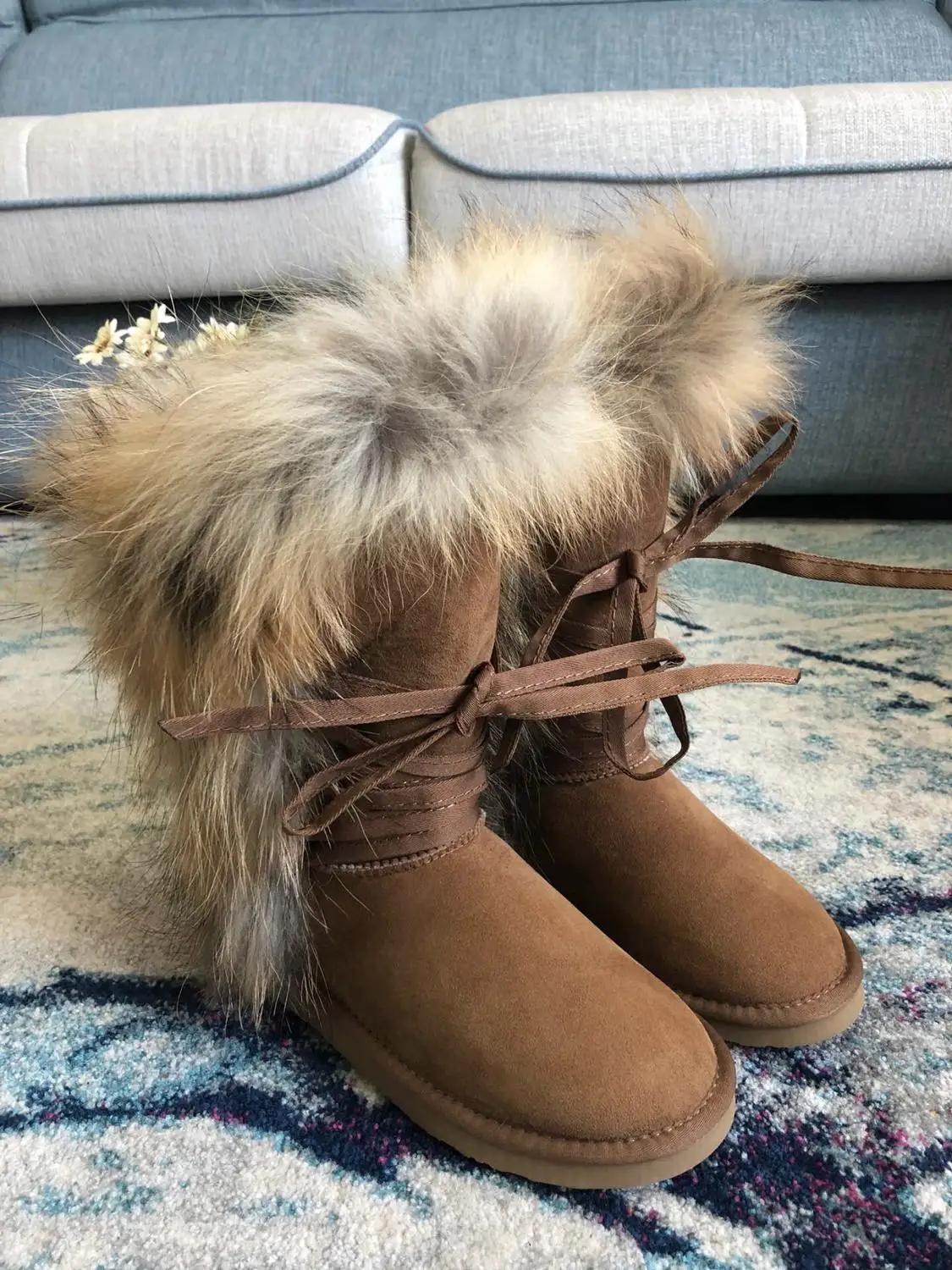 

2019 Women Boots Genuine Leather Real Fox Fur Brand Winter Shoes Warm Round Toe Casual Female Snow Boots