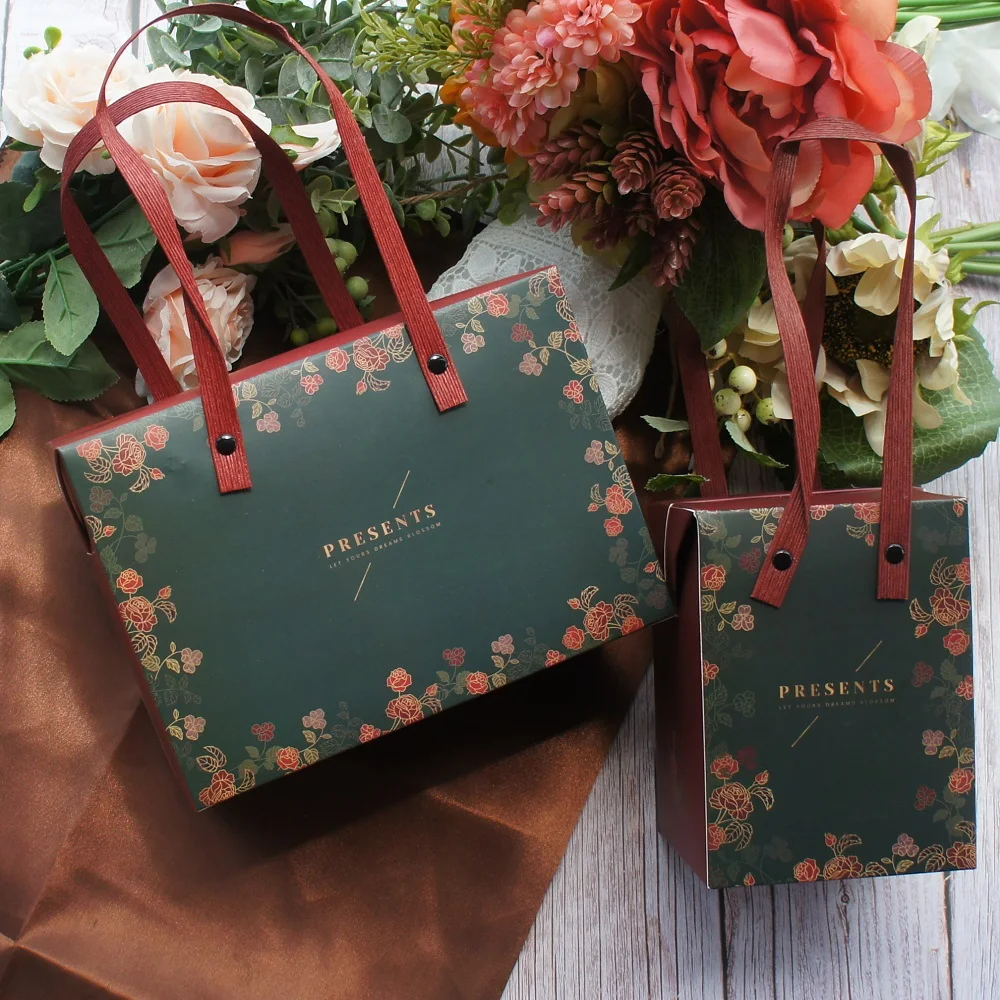 

2 Size 5pcs Wine Flower Rose Tall Style Paper Box with Handle Candle Jam Candy Cookie Chocolate Gift Packaging Wedding Use