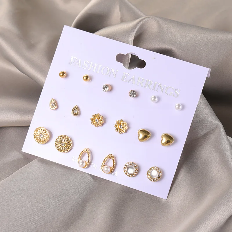 

9 Pairs/set Fashion Mix Style Gold Color Rhinestone Crystal Flower Stud Earings Set For Women Girls Jewelry Brincos Oorbellen