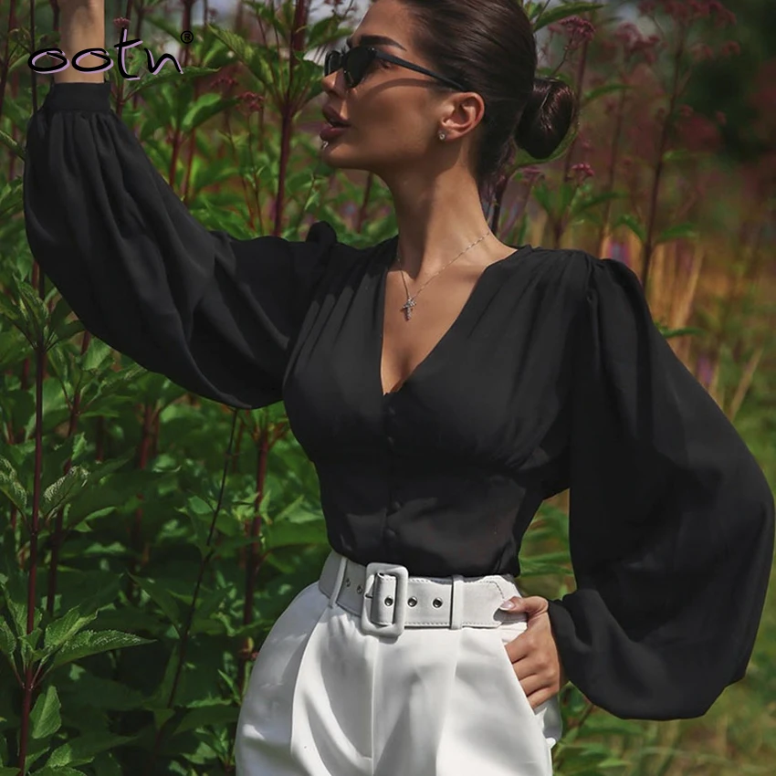 Повседневный черный женский топ с глубоким v-образным вырезом, длинный рукав, женская блузка, осенняя однобортная рубашка в стиле пэчворк, уличная одежда