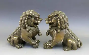

China Feng Shui Brass copper town house Foo Dogs Lion Pair Sculpture Statue