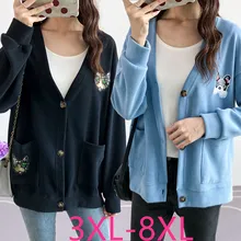 Осень-зима, пальто размера плюс для женщин, вязаный Повседневный свободный короткий свитер с длинным рукавом, кардиган, синий, черный, 4XL 5XL 6XL 7XL 8XL