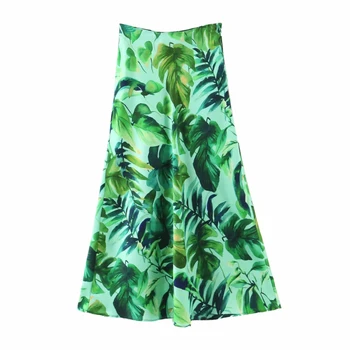 

Chiffon women green boho skirts 2020 summer fashion ladies elegant leaves print skit party female midi skirt girls chic jupes