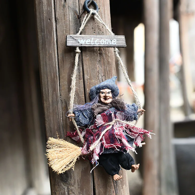 Prop Hanging Ghost Haunted Party Wooden Witch Broom House Door Decoration 