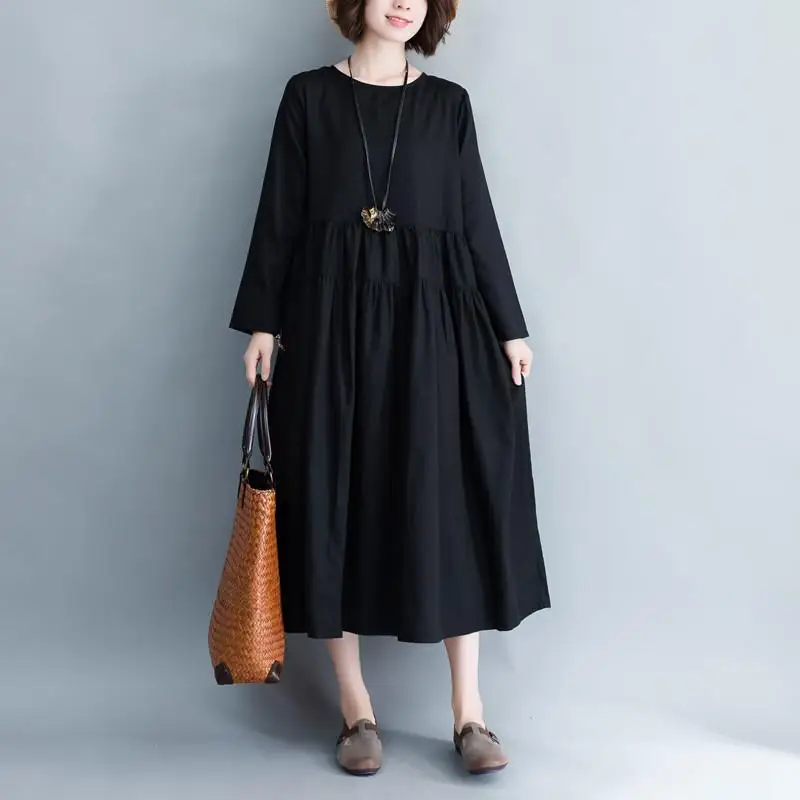 Johnature Новая мода ретро o-образным вырезом с длинным рукавом размера плюс осенние свободные удобные однотонные женские платья для отдыха - Цвет: Черный