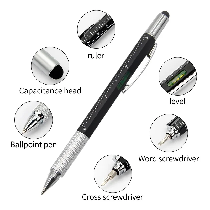 6 In 1 Multi Tool Pen Multifunctionele Schroevendraaier Precisie Heerser Remklauw Balpennen Voor Telefoon Touch Creativiteit Niveau Meter