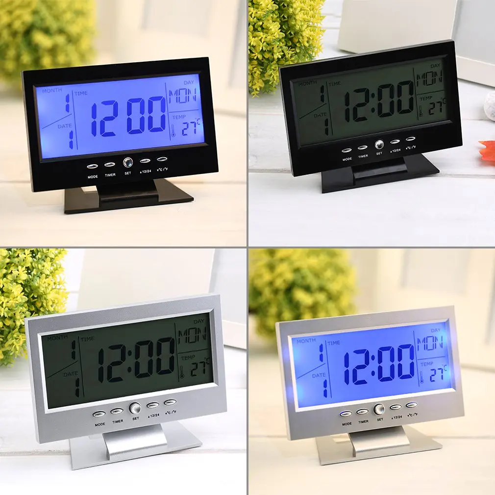 Voice Control Back-light LCD Alarm Clock Weather Monitor Calendar With Thermometer Desk Clock 2 Colors Drop Shipping