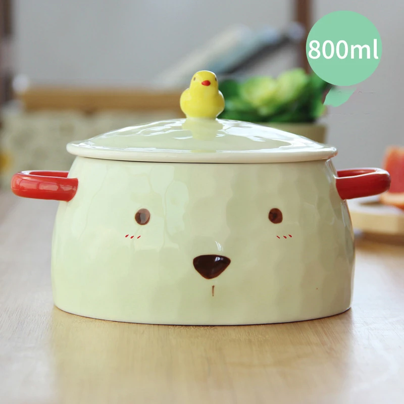 green 800 мл мультфильм Медведь керамика миска с крышкой салат рамен суп риса посуда, чаши детский пищевой контейнер лапша быстрого приготовления для кухни - Цвет: green