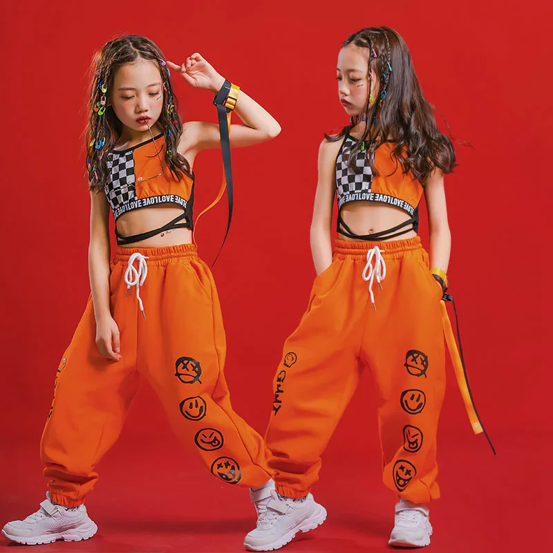 

Children'S Day Hip Hop Dance Clothing Kids Street Dancing Clothes Ballroom Dance Outfit Girls Orange Plaid Vest Pants XS1599