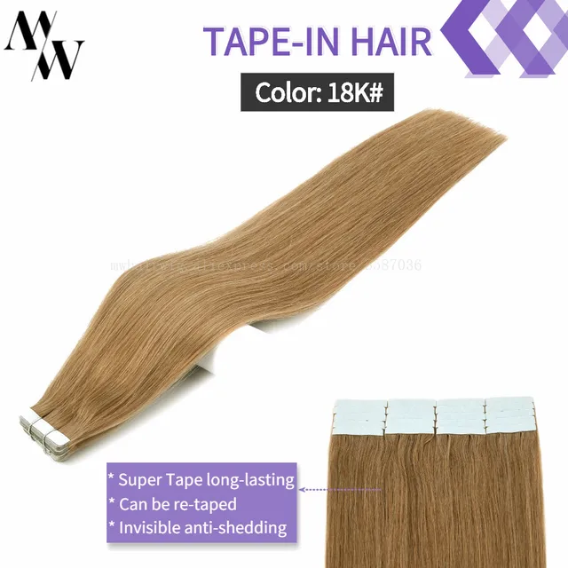 MW Double Drawn Remy Tape In Human Hair Extensions 100% Real Skin Weft Adhesive Glue On Seamless Natural Hair 16/20/24 Inches 18K