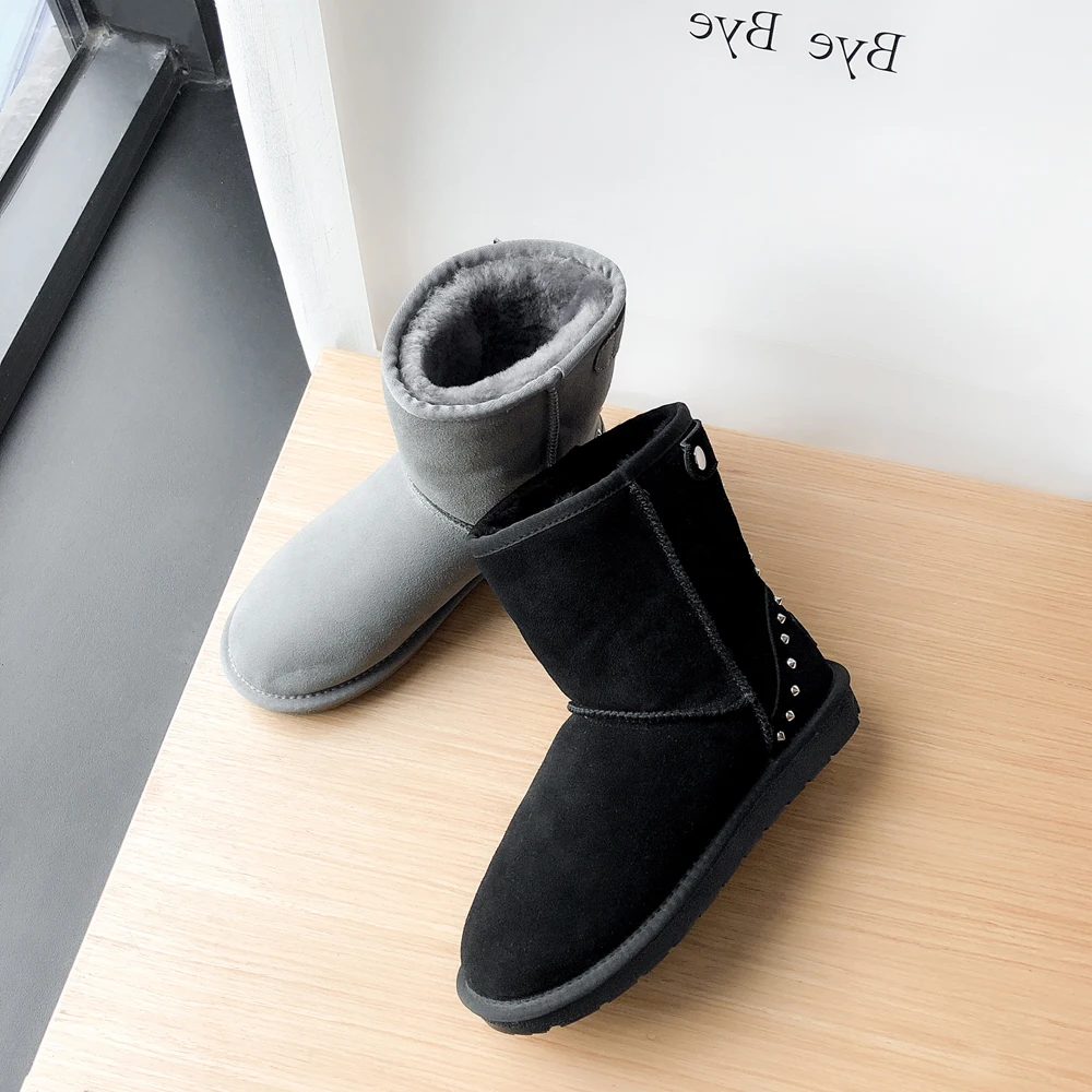 Botines de ante a la moda para mujer, botas de nieve de lana, peludos  casuales, zapatos planos, calzado cálido sin cordones, color negro y  gris|Botas de nieve| - AliExpress