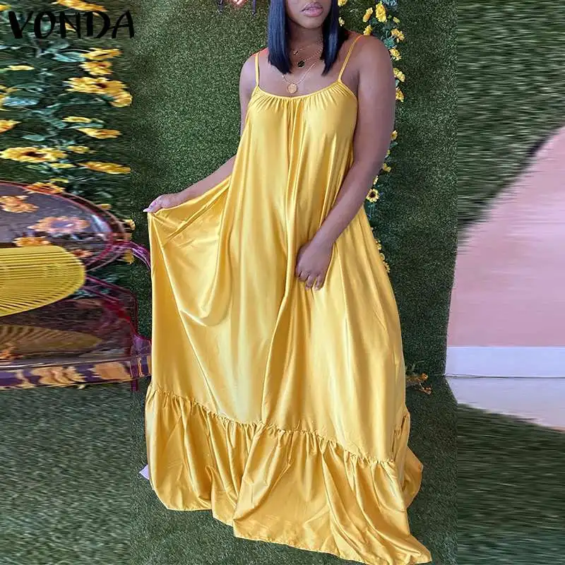 Bohemian Summer Long Dress VONDA 2021 Women Satin Dresses Beach