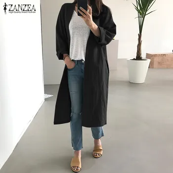 

ZANZEA Women Autumn Long Sleeve Coats Open Front Long Jackets Female Work OL Cotton Linen Cardigan Solid Outwear Femininas Top