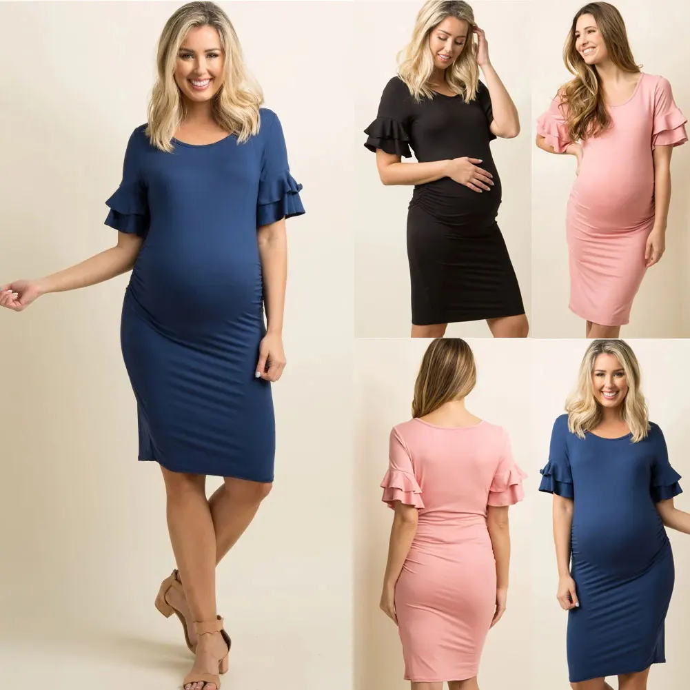 pudcoco Women Pregnant Autumn Dresses Maternity O-Neck Long Sleeve Solid Ruffles Sexy Photography Mini Dress 3 colour