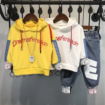 

Baby Boys Clothes Sets 2-11 years old Spring Autumn 2-pieces-sets Contrast Letters Hooded Sweater + printed Jeans Street Style