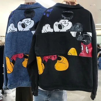 

New Spring and Autumn Jacket Women Korean Bf Loose Cartoon Printed Denim Jackets Retro Blue Denim Coats Student Outwear