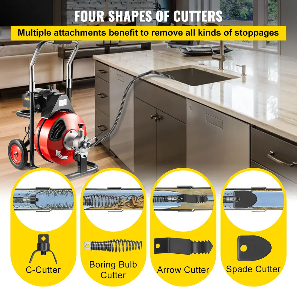 Macchina Sturatubi Elettrica VEVOR - Cavo 30m 9.5mm, 1500 Giri/min, 4 Taglierini Inclusi, Per Scarichi Intasati - Foto 6