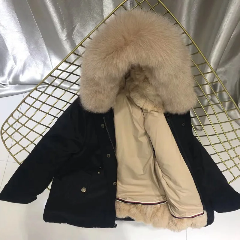 black khaki fur Одежда для маленьких девочек зимняя куртка Настоящий мех кролика парка для девочек, зимние пальто с лисьим мехом, с капюшоном, отделка, одежда для маленьких мальчиков - Цвет: black khaki fur