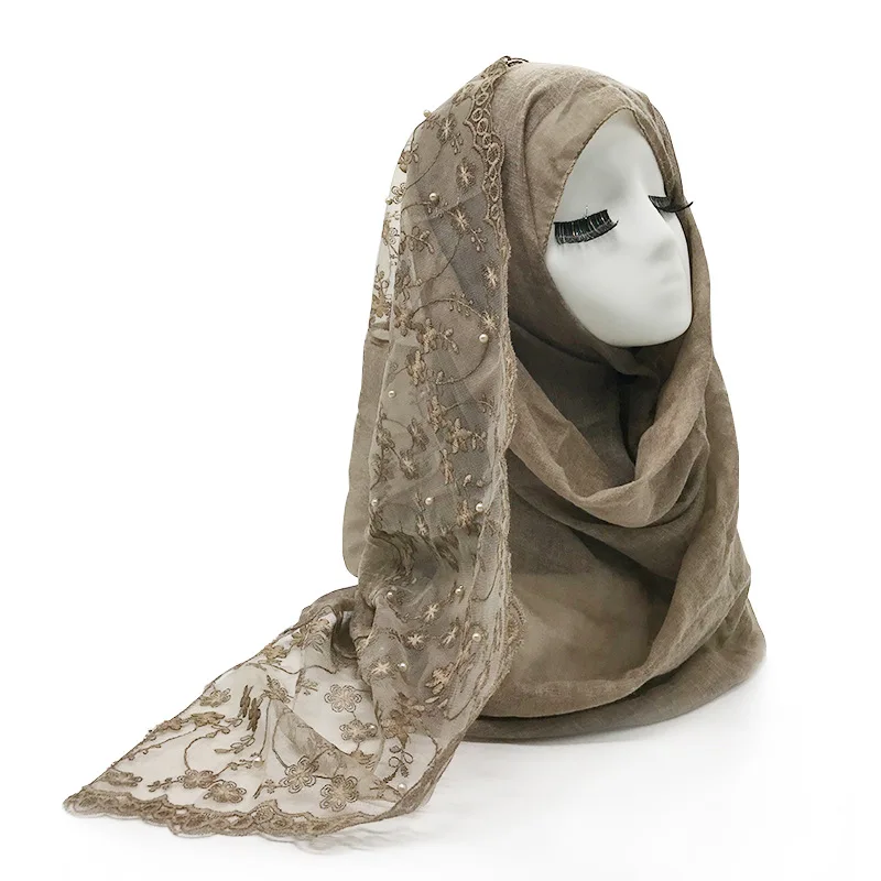 Вискозный шарф с кружевом, перламутровые шарфы, большой размер, мусульманский женский хиджаб, модная бандана, шаль, глушитель, 1 шт., быстрая