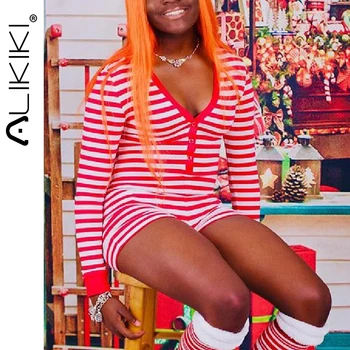 

Christmas Sexy Onesies For Adults Women Pajamas Stripe Print Jumpsuit Romper Long Sleeve Onesie Sleepwear Nightwear Pyjamas