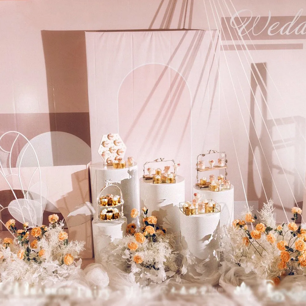 

Grand Event Cake Food Candy Display Iron Metal Frame Wedding Round Table Cylindrical Child Shower Column Artificial Flower Stand