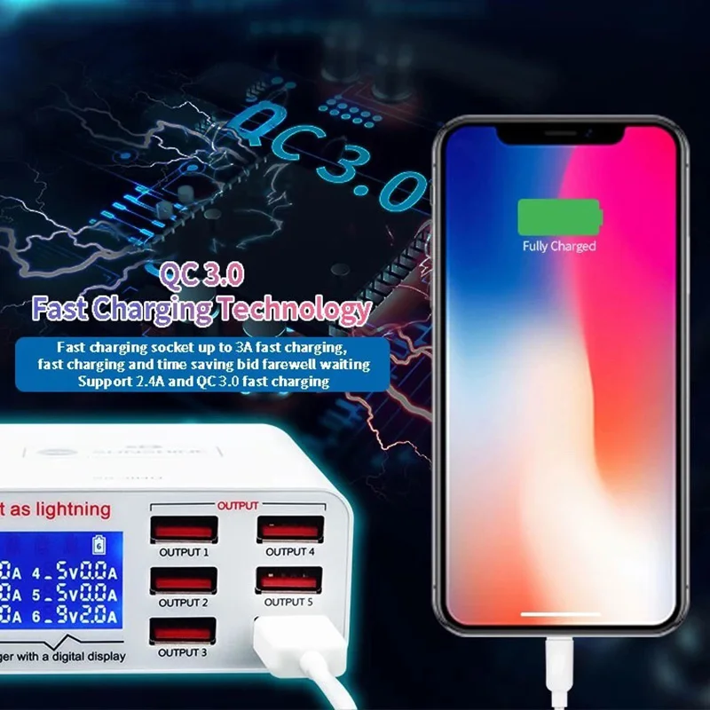 Быстрая зарядка QC 3,0 интеллектуальное автоматическое включение защиты ЖК-цифровой дисплей динамическое Зарядное устройство USB с разъемом Lightning в реальном времени