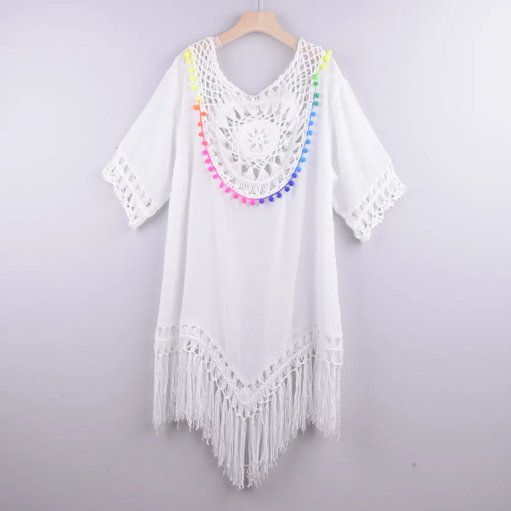 CROCHET BIKINI Bikini Cover Up With Fringe Trim Women Sexy Hollow Tunic Beach Dress Summer Bathing Suit Beachwear