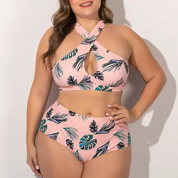 

High Waist Bikini Set 2020 Women Two-piece Swimsuit Maple Leaf Print Cross Halter Bikini Beachwear Swimwer Biquini Plus Size XXL
