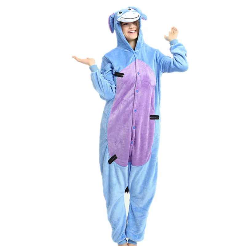 

Cute Cartoon Kigurumi Blue Donkey Pajamas Long Sleeve Hooded Onesie Adult Women Animal Halloween Christmas Sleepwear