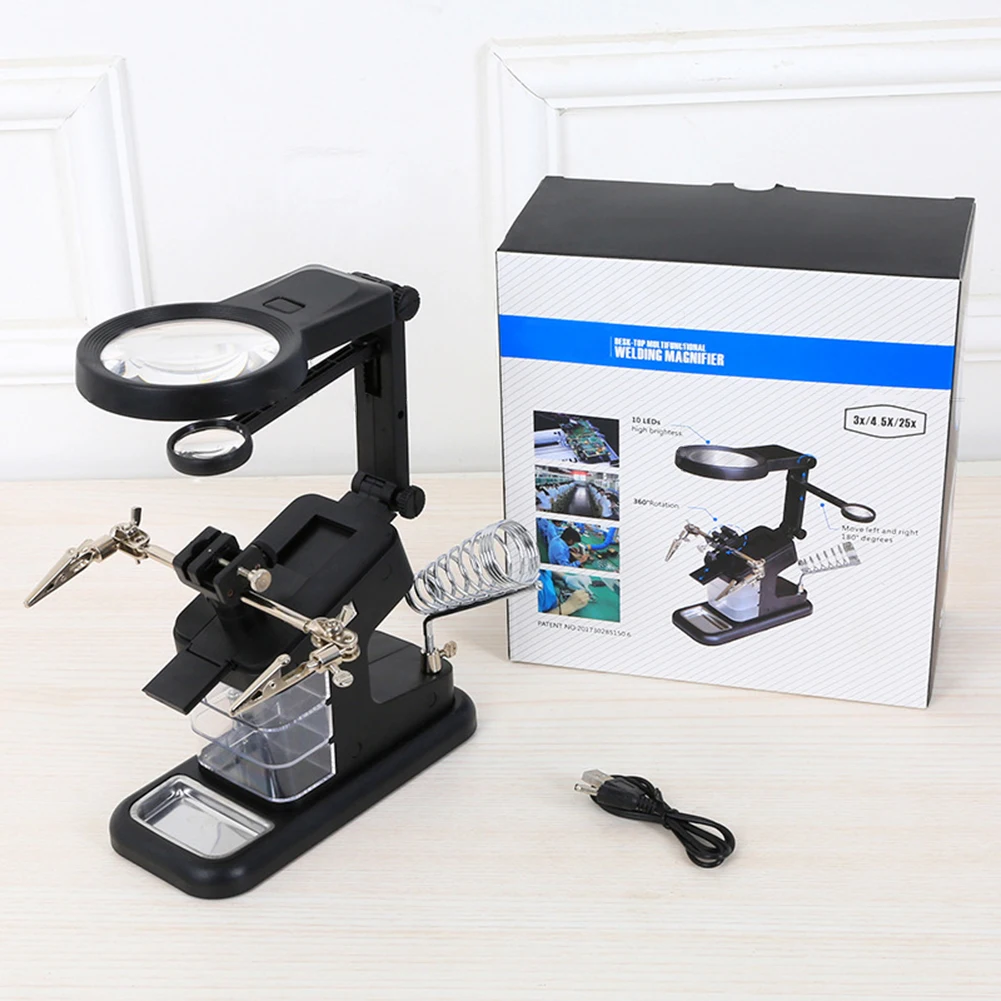 Soldering Iron Welding Magnifying Glass 2 LED 3X 4.5X 25X Helping Hand Rework Magnifier with 3 Tools Boxes Desk Station Repair