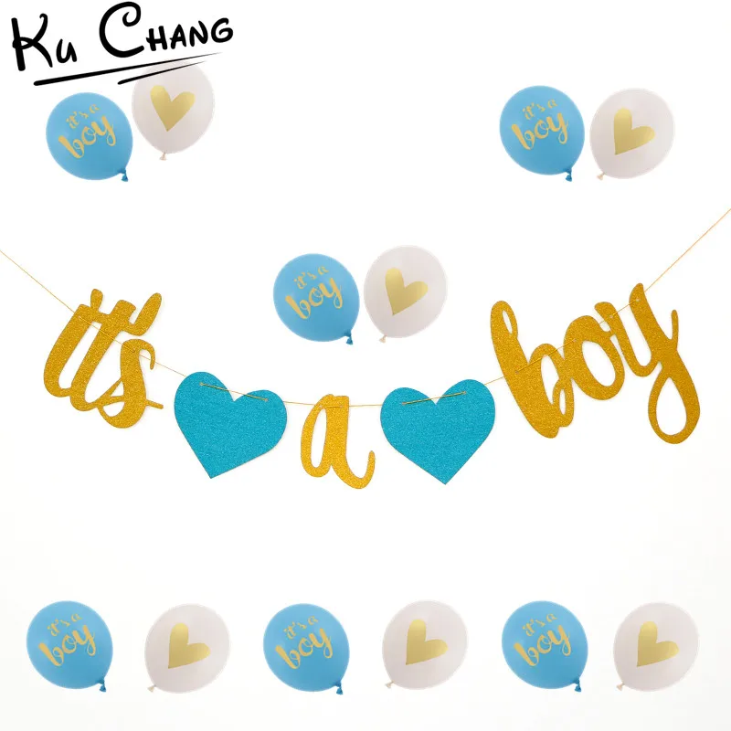 13pcs Its A Boy It's A Girl Printed Pink Blue Latex Balloons Flag Banner Kid's Birthday Party Decorations Baby Shower Supplies