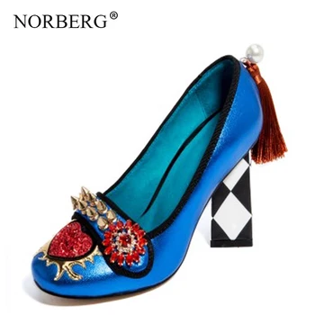 

NORBERG high-end custom wedding shoes women's rivet diamond flower heel women's shoes leather shoes water pump flannel Mary Jane