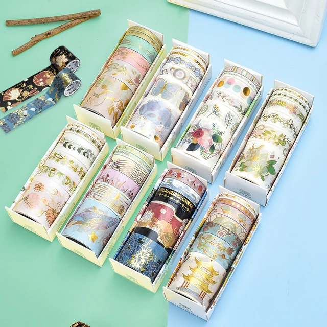 6Pcs Flowers Washi Tape Set Sakura Decorative Adhesive Tape Kawaii  Stationery Gold Foil Masking Tape Journal Supplies Washitape