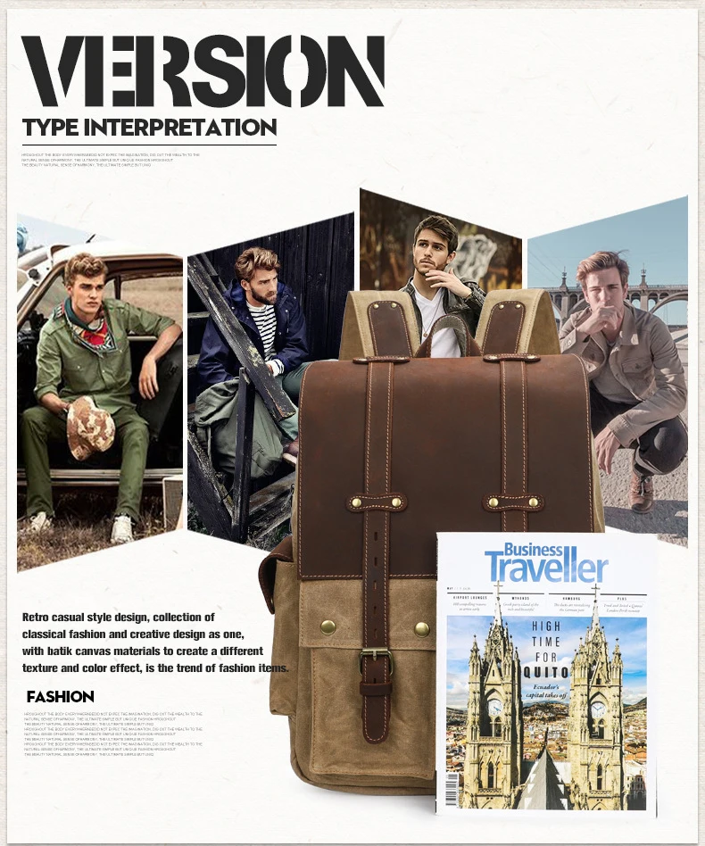 Fashion Retro Men's CanvasBookbag Large Capacity 15 Inch Computer Outdoor Crazy Horse Leather Travel Bag Heavy Duty Satchel