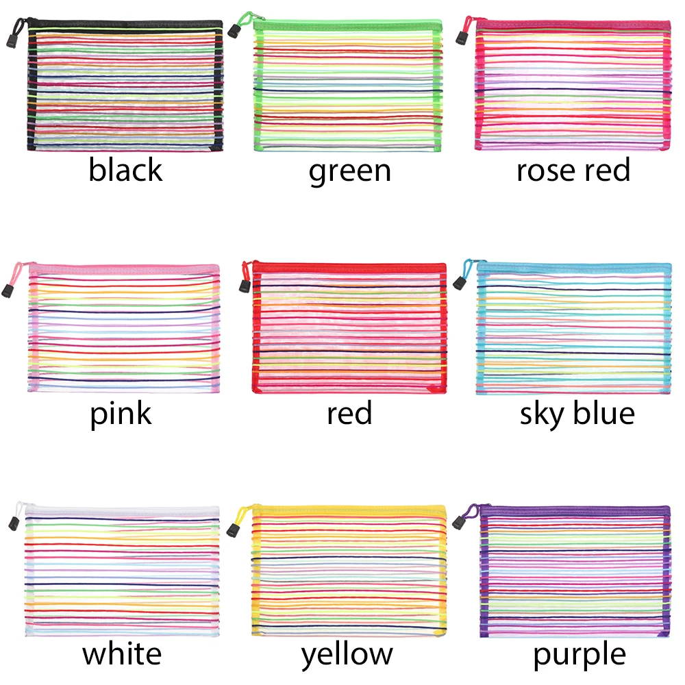 Pencil Cases Nylon Rainbow Mesh Document Zipper Stationery Bag for Office School
