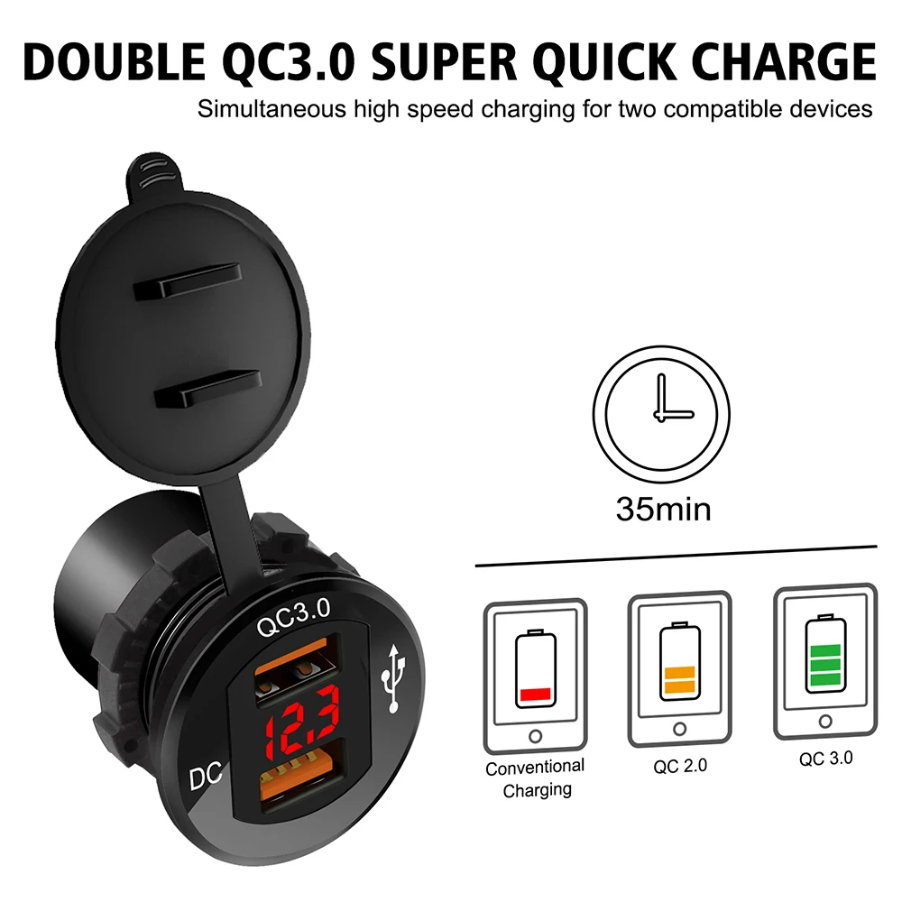 12 V-24 V Автомобиль Мотоцикл Dual USB Зарядное устройство для мобильных телефонов и планшетов с двумя QC3.0 быстрой зарядки гнездо адаптера с цифровым Дисплей