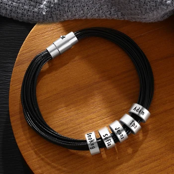 

Personalized Engraved Mens Bracelet Multilayer Braided Rope ID Bracelets Custom Samll Beads with Family Name Wristband