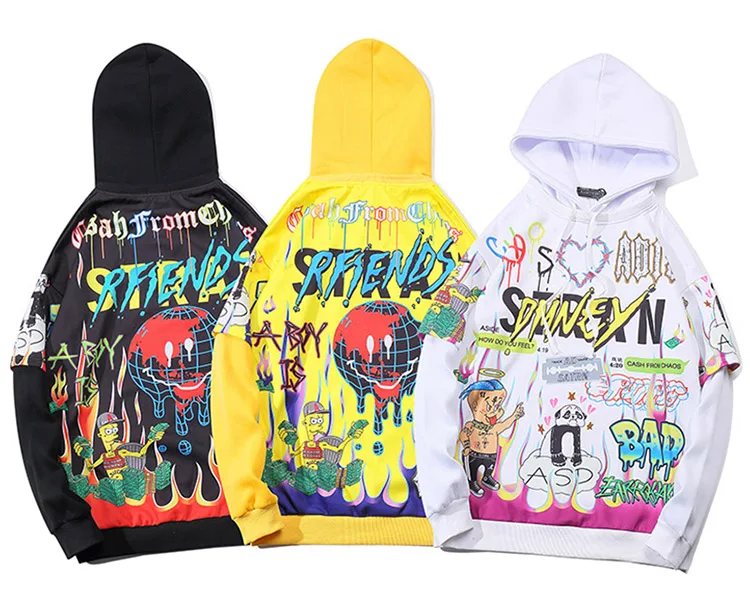 Streetwear Hoodies Hip Hop Full Cartoon Letter Print