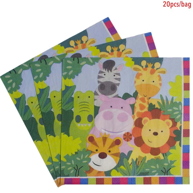 20pcs paper towels Джунгли День рождения одноразовой посуды сафари джунгли вечерние украшения с изображением животных из джунглей одноразовые тарелки салфетки для стаканчиков - Цвет: 20pcs paper towels