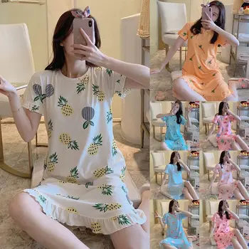 

Women Girls Plus Size Summer Nightdress Short Sleeve Ruffles Trim Cartoon Fruits Print Sleepshirt Loose Lounge Sleepwear Pockets