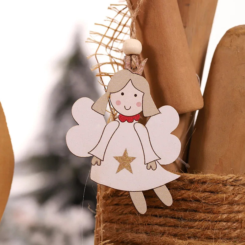 6 шт. Рождественские елочные украшения деревянные расписные Санта-Клаус Снеговик ангел кулон год подарки для детей Noel Navidad украшения - Цвет: 6pcs white angel