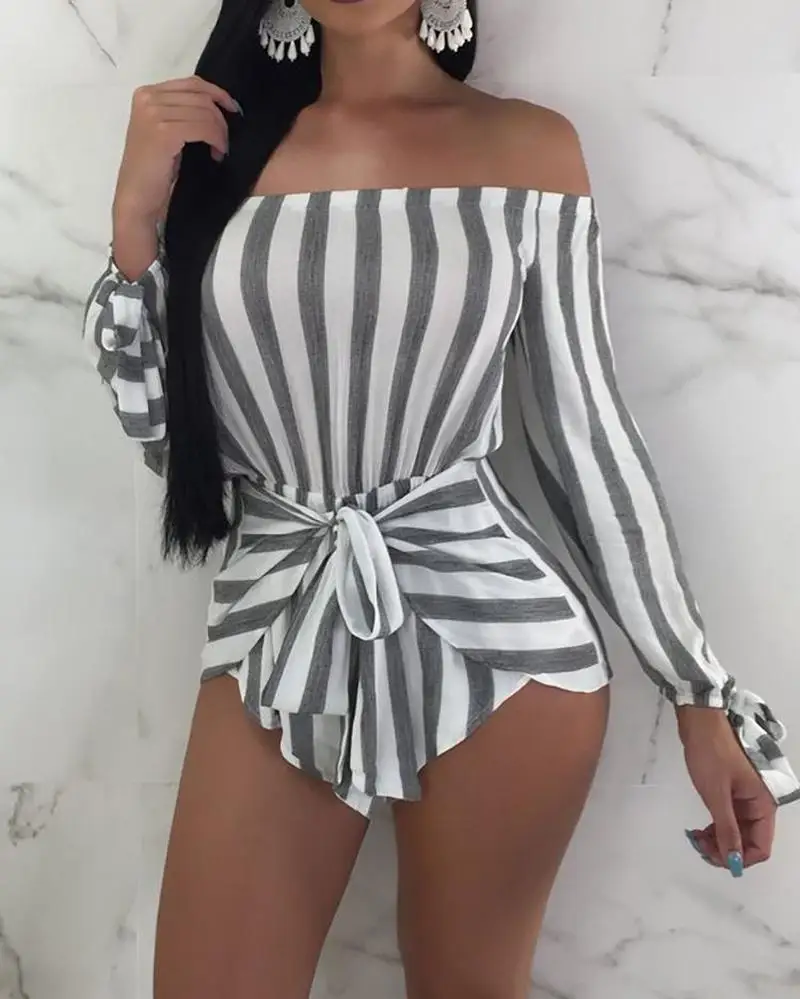 Сексуальный комбинезон с открытыми плечами в полоску с поясом Womem Rompers короткий цельный комбинезон