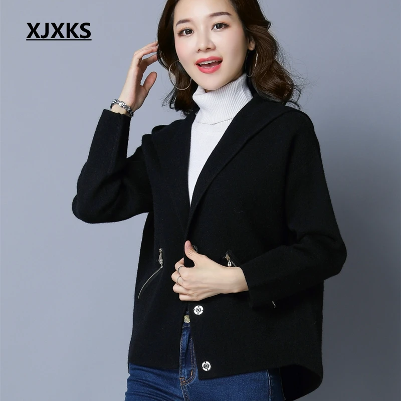 

XJXKS Fall 2019 Fashion Women Woolen Coats Comfortable Fabrics women woolen Coat Long Sleeve hooded cashmere wool Blends Coat
